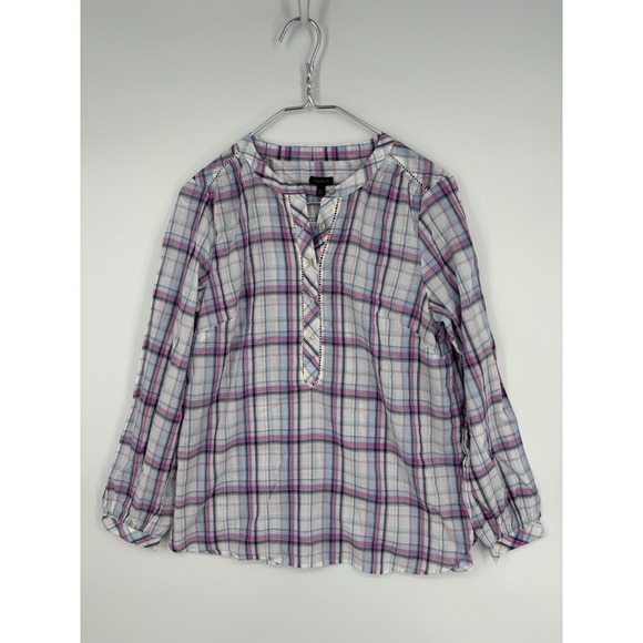 Talbots Tops - Talbots Blouse M Blue Purple Plaid 100% Cotton Peasant Popover Preppy